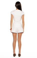 Rear view of white shorts showing the smooth back and horizontal seam details on the waistband