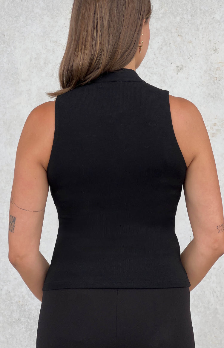 Rear view of a black ribbed jersey sleeveless top with a high neck