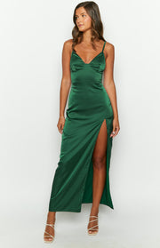 Emerald satin maxi dress with a sweetheart neckline, thin spaghetti straps, and a high thigh split