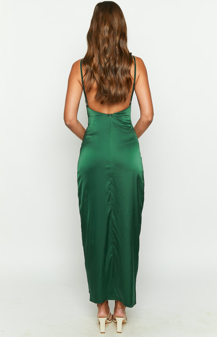Emerald satin maxi dress with a V-neck bust detail and a high leg slit