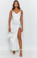 Beginning Boutique Freesia Formal Dress White white satin low back midi dress with spaghetti straps and a high side slit