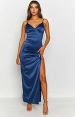 Navy satin maxi dress with a sweetheart neckline, spaghetti straps, and a high thigh split