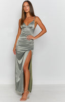 Beginning Boutique Freesia Formal Dress Khaki khaki satin maxi dress with sweetheart neckline, thin straps, ruched waist, and thigh split