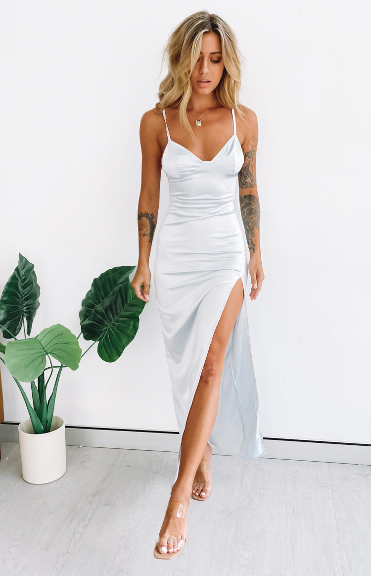 Ice blue satin formal maxi dress with sweetheart neckline, thin straps, and high thigh split