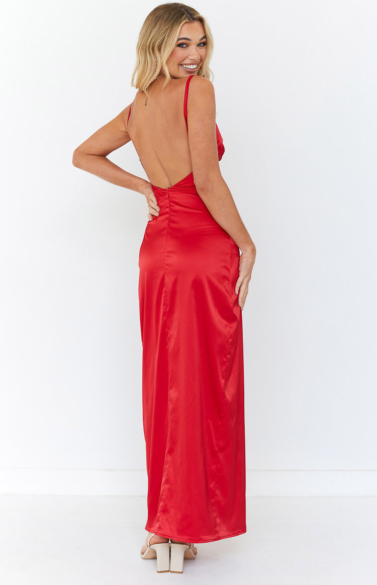 Close-up of the red satin sweetheart neckline with gathered bust detail and ruched waist of the maxi dress