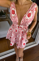 Beginning Boutique Genovia Red Tile Print Mini Dress white and red tile print deep V-neck mini dress with wide straps and shirred waist