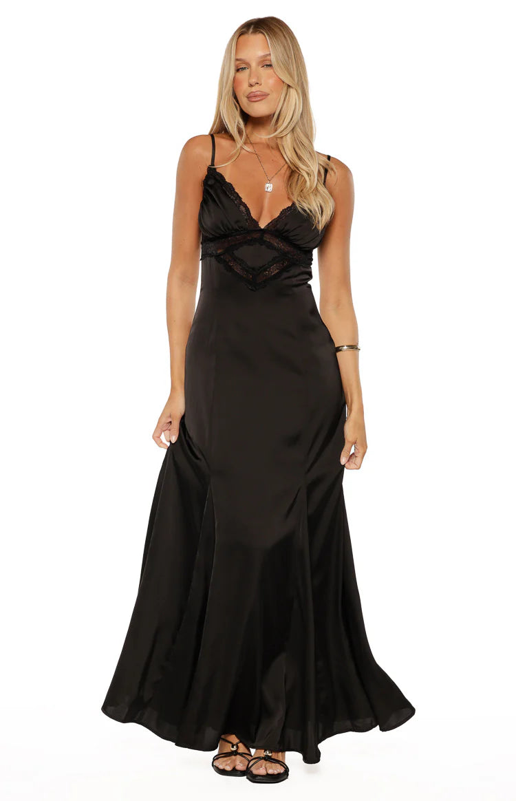 Gabby Black Satin Lace Maxi Dress