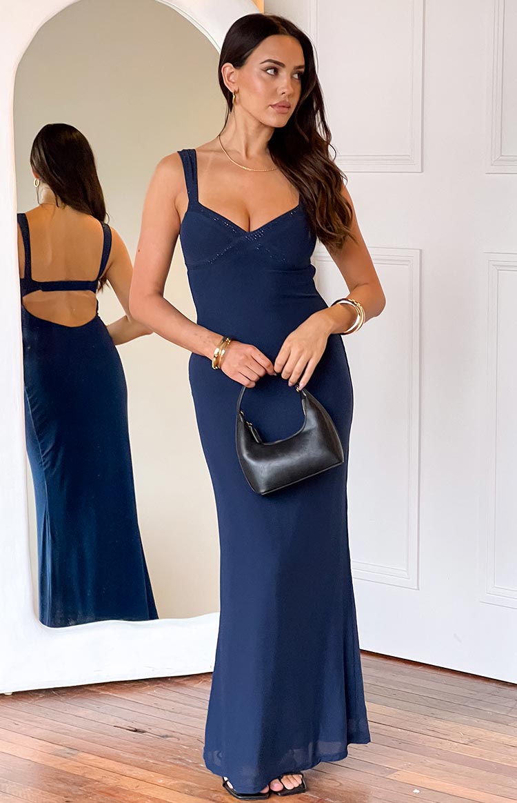 Beginning Boutique Gabriella Navy Mesh Maxi Dress navy mesh sweetheart neckline maxi dress with embellished straps and low scoop back