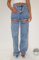 Gem Diamante Trim Wide Leg Denim Jeans Image
