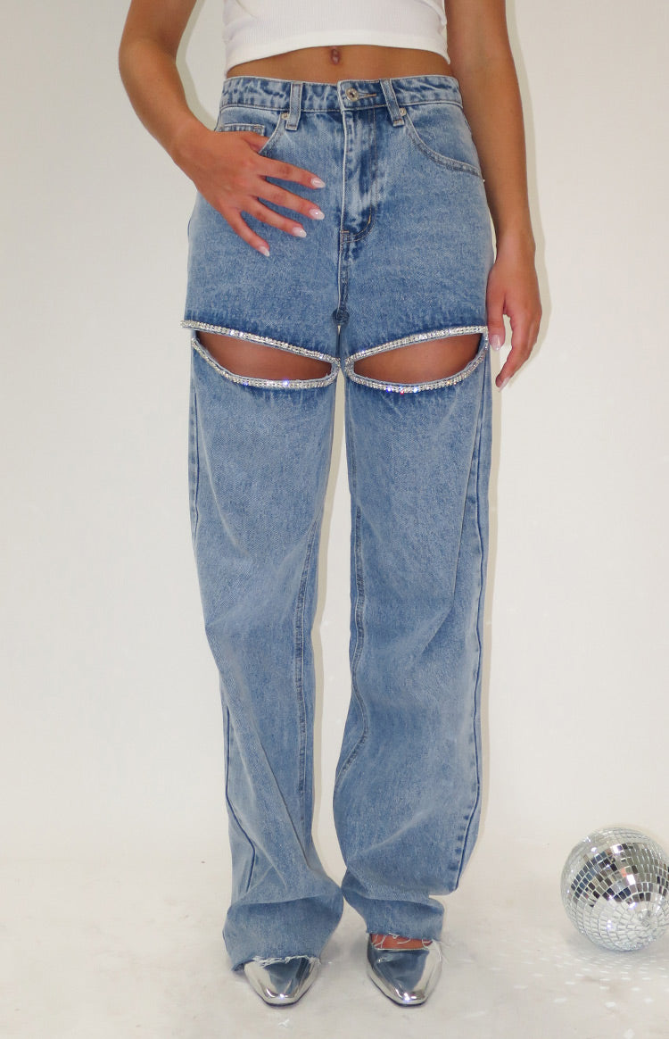 Beginning Boutique Gem Diamante Trim Wide Leg Denim Jeans light blue wash wide leg denim jeans with diamante trim cutouts on the thighs