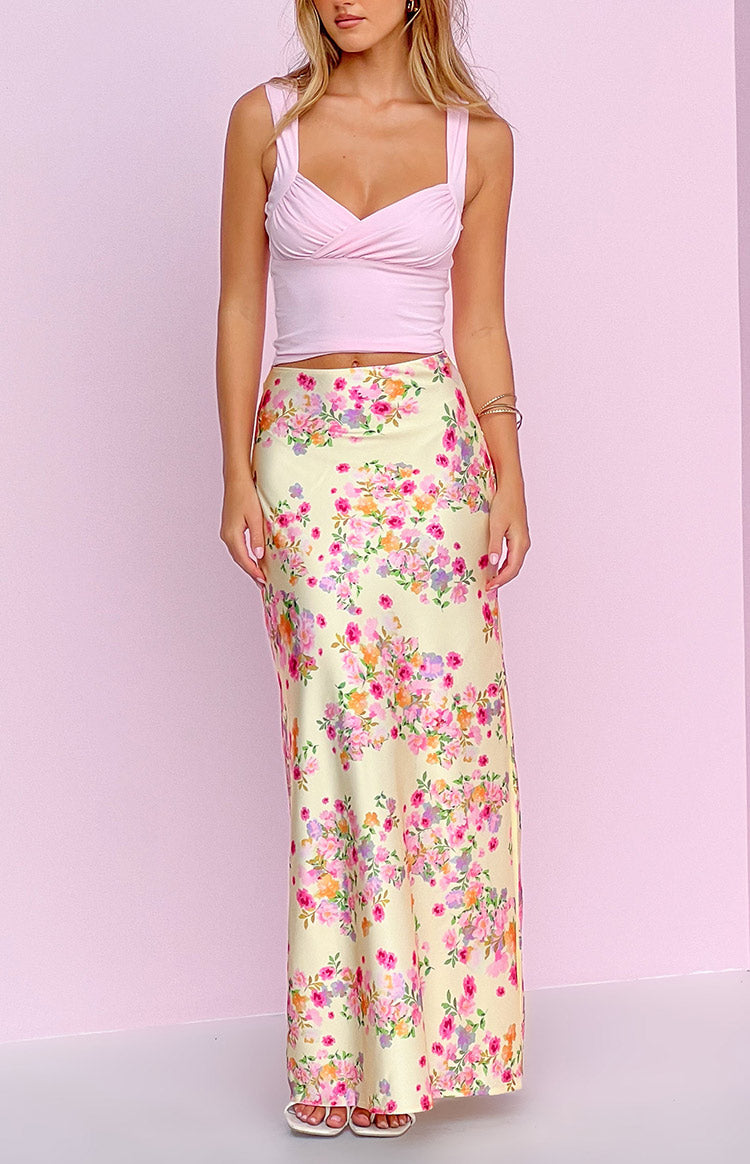 Beginning Boutique Genevieve Yellow Bloom Maxi Skirt yellow floral satin maxi skirt with pink orange and purple flowers
