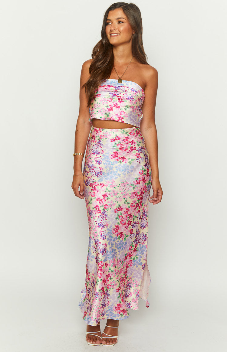 Pink purple and blue floral print maxi skirt with a high side slit