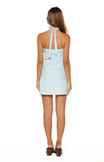 Rear view of a light blue fitted halter neck mini dress with a tie-back closure