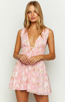 Beginning Boutique Genovia Pink Floral Chiffon Mini Dress pink floral chiffon deep V-neck sleeveless with shirred waist and front cutout