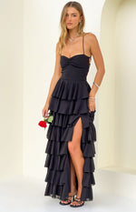 Beginning Boutique Georgie Black Ruffle Maxi Dress black sweetheart ruched bust spaghetti strap tiered ruffle maxi dress with thigh split