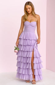 Lilac ruched sweetheart maxi dress with tiered ruffles and a high leg split