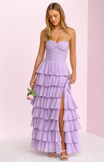 Lilac ruched sweetheart maxi dress with tiered ruffles and a high leg split