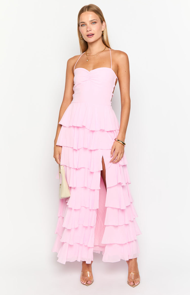Pink halter neck maxi dress with a ruched bust, tiered ruffles, and a high side slit