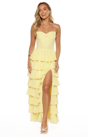 Beginning Boutique Georgie Yellow Ruffle Maxi Dress yellow sweetheart halter neck ruched bust tiered ruffle maxi dress with high slit