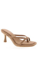 Beginning Boutique Girls Night Camel Suede Strap Kitten Heels camel suede square toe mules with thin criss-cross straps and f
