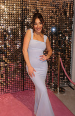 Lilac mesh maxi dress with a square neckline, thick straps, and ruched bodycon fit