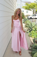 Beginning Boutique Gisela Pink Satin Corset Maxi Dress pink satin strapless sweetheart corset maxi with high leg split