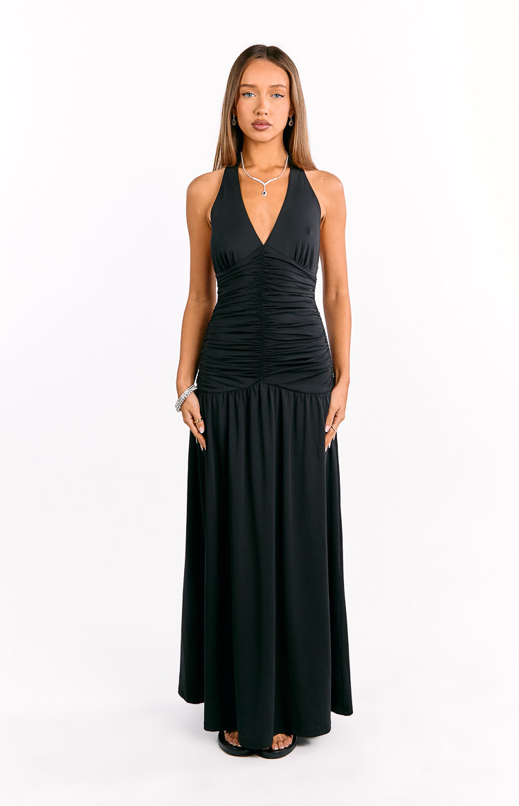 Black halter V-neck maxi dress with a fitted ruched bodice and a flowing A-line skirt