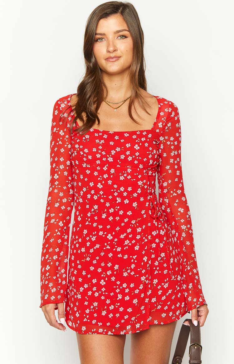 Beginning Boutique Goldie Red Floral Long Sleeve Mini Dress red floral print long sleeve square neck wrap mini dress with tie detail