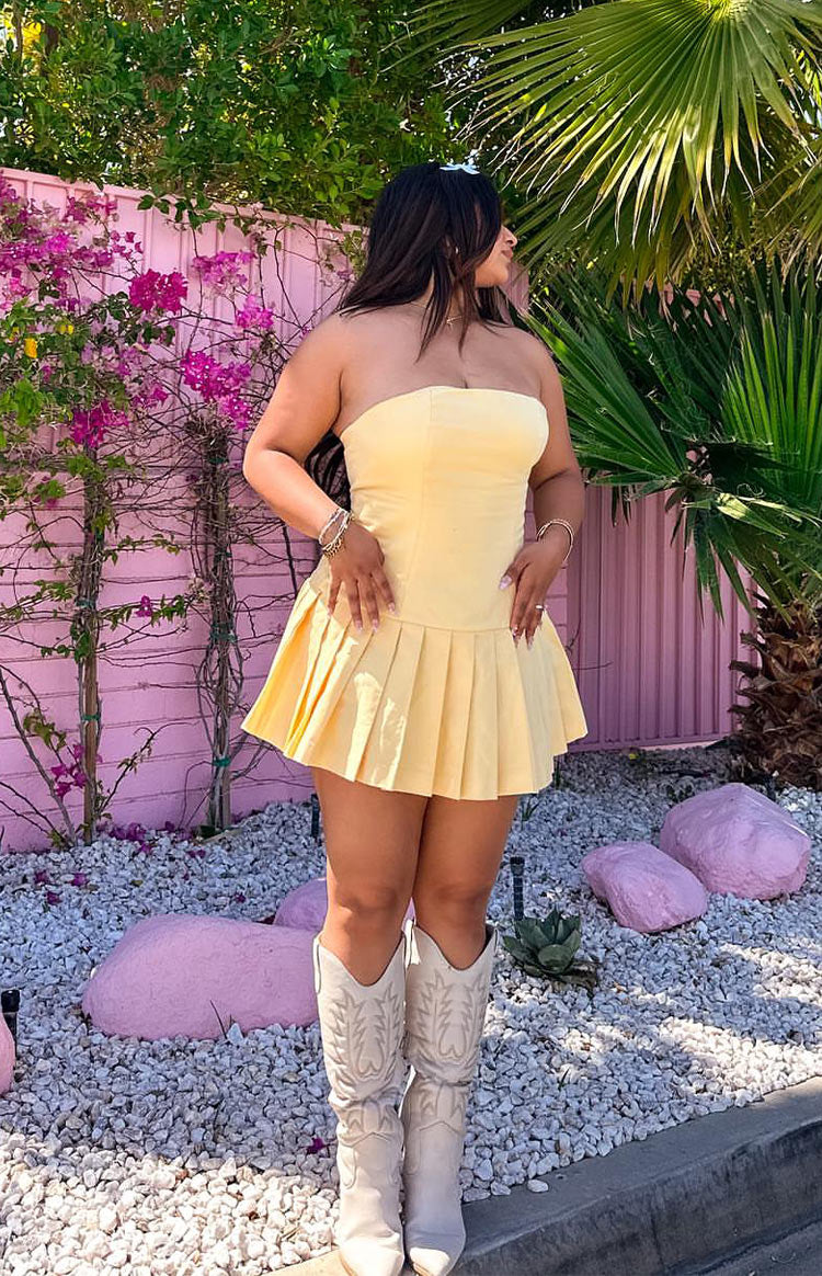 Beginning Boutique Good Days Yellow Strapless Mini Dress yellow strapless fitted bodice pleated mini dress