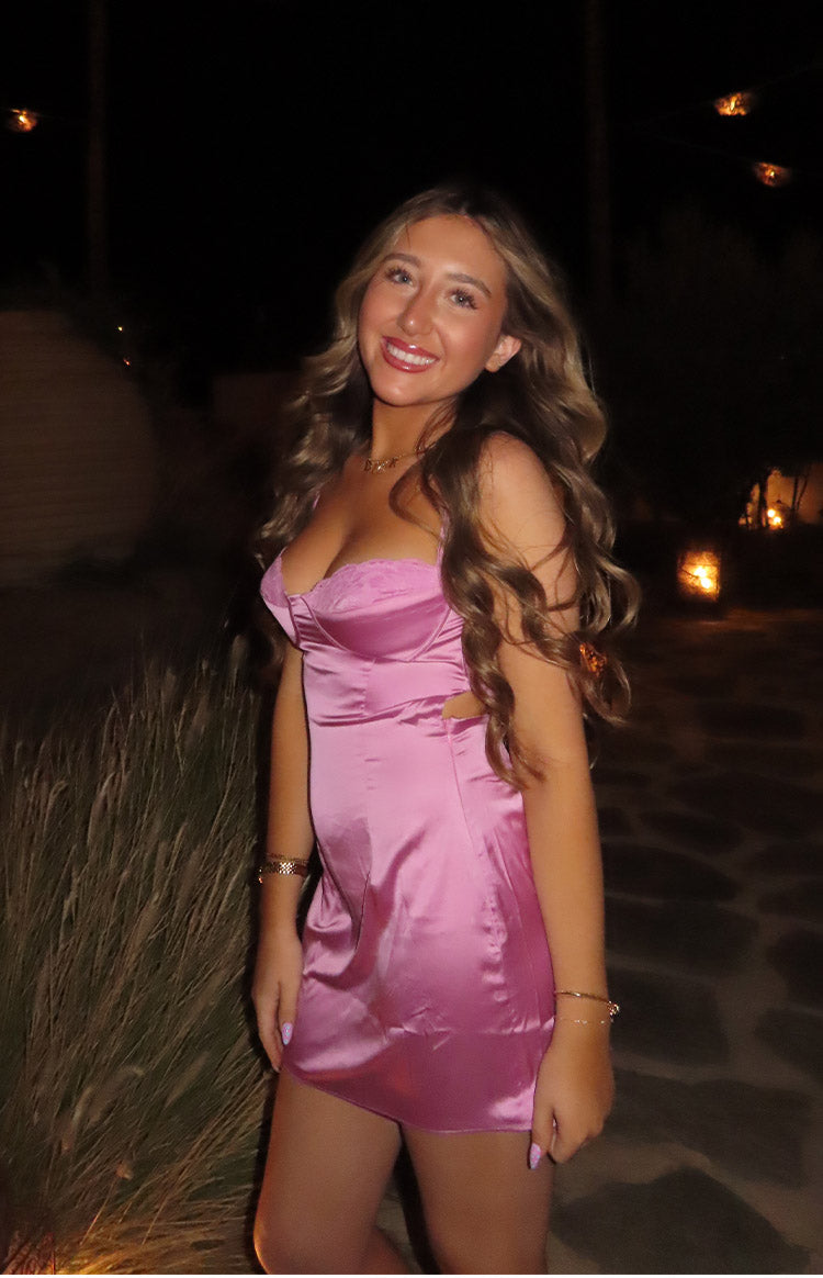 Beginning Boutique Trouble Pink Mini Dress pink satin bustier mini dress with lace trim and waist cutouts