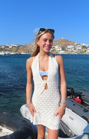 Beginning Boutique Tulip Cream Crochet Mini Dress cream open knit crochet halter neck mini dress with keyhole tie front