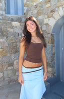 Brown scoop neck tank top with a fitted, slightly cropped silhouette