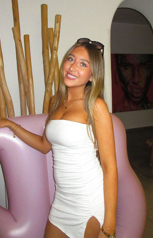 Beginning Boutique Let Go White Ruched Mini Dress white strapless bodycon mini dress with side slit
