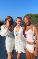 Beginning Boutique Tulip Cream Crochet Mini Dress cream open knit crochet halter neck mini dress with keyhole tie front