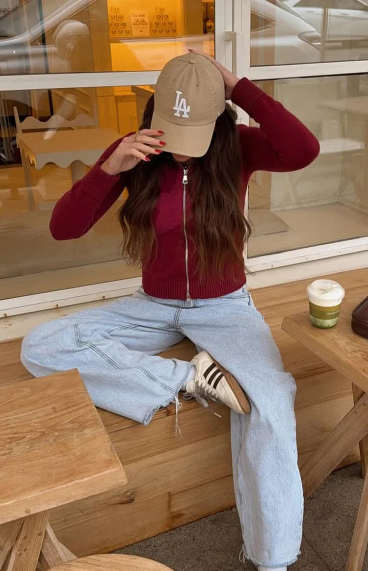 Groove Burgundy Star Zip Up Knit Sweater