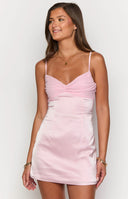 Beginning Boutique Honey Light Pink Contrast Mini Dress light pink satin mini dress with ruched sweetheart neckline and spagh
