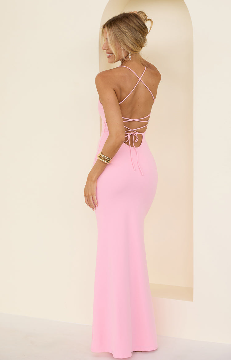 Beginning Boutique Harriet Pink Crepe Maxi Dress pink crepe maxi dress with a strappy criss-cross tie-back and fitted silhouette