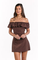 Beginning Boutique Haylie Brown Polka Dot Off Shoulder Mini Dress brown polka dot off-shoulder mini dress ruffled neckline