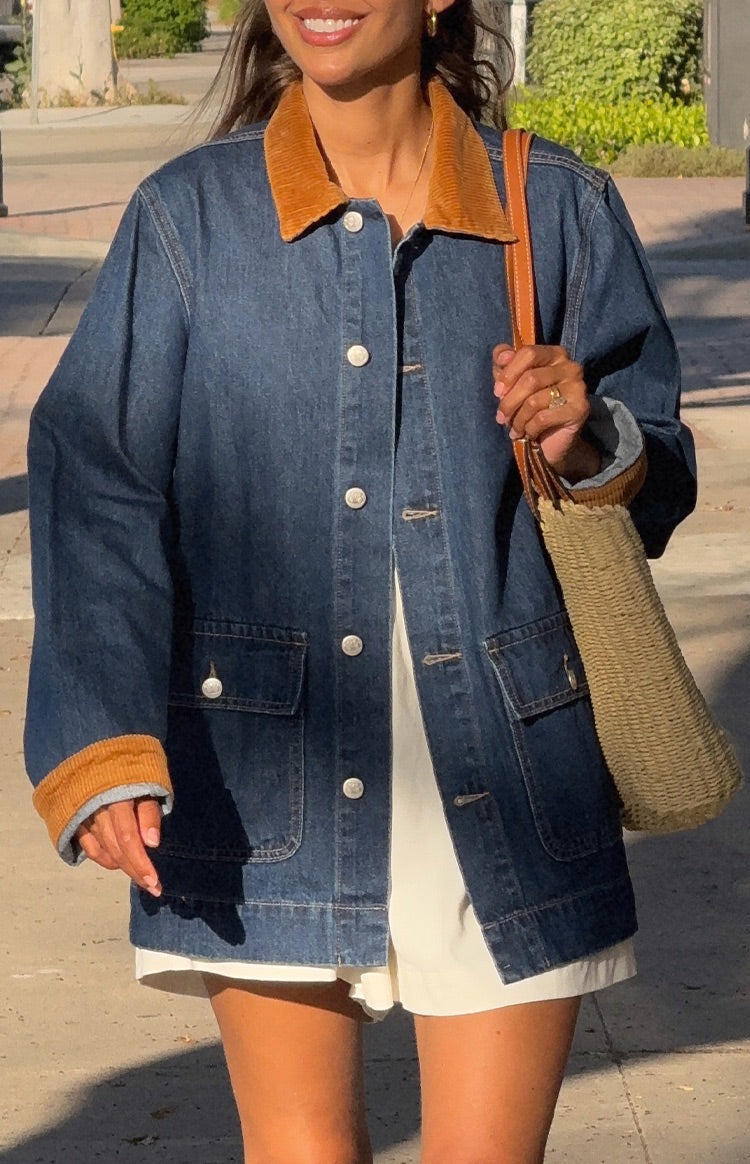 Hendrick Mid Wash Denim Cord Trim Oversized Jacket Image