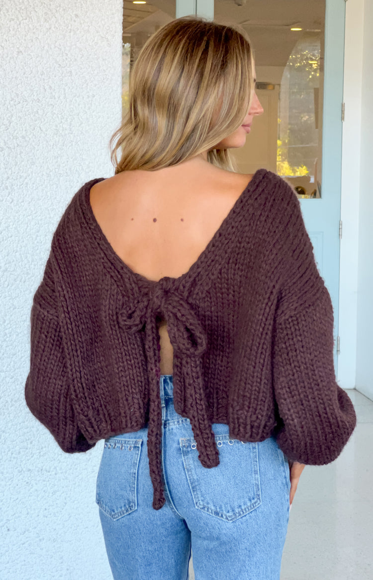 Beginning Boutique Holiday Chocolate Brown Tie Up Knit Cardigan chocolate brown chunky knit cropped cardigan with V-back tie