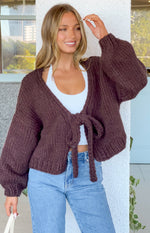 Chocolate brown chunky knit cardigan with a tie-up front and voluminous long sleeves