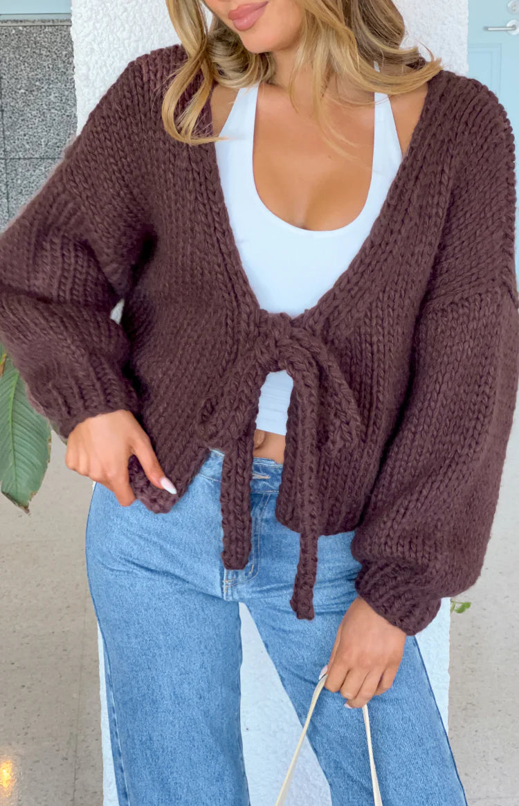 Holiday Chocolate Brown Tie Up Knit Cardigan - PRE ORDER