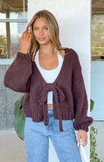 Holiday Chocolate Brown Tie Up Knit Cardigan - PRE ORDER