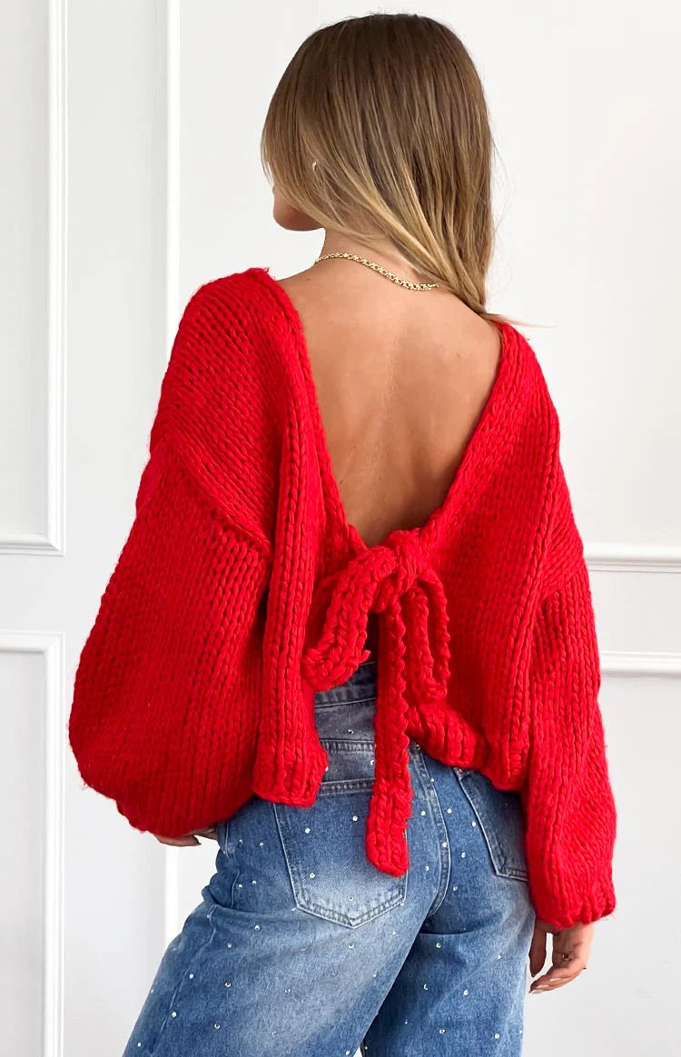 Holiday Red Tie Up Knit Cardigan