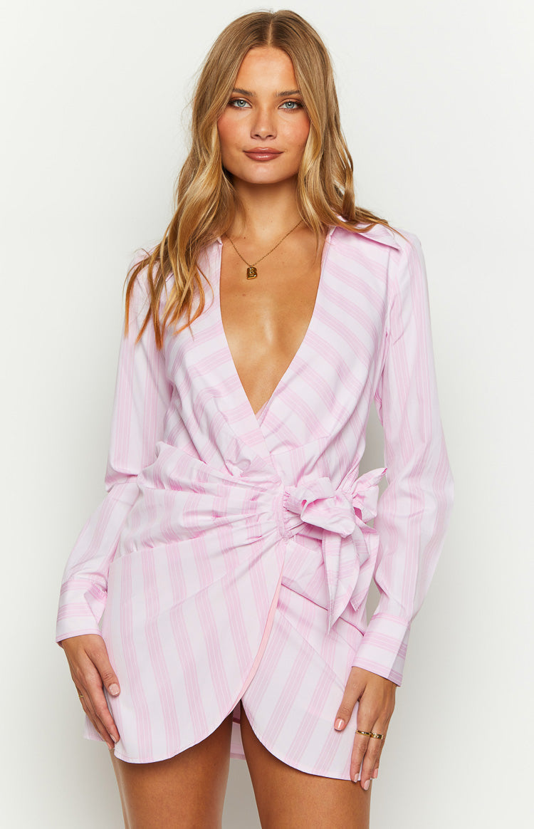 Holly Pink Stripe Tie Up Shirt Mini Dress Image