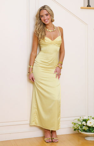 Beginning Boutique Honey Yellow Maxi Dress honey yellow satin ruched bust spaghetti strap fitted maxi dress with a flowing skirt