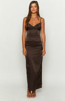Beginning Boutique Honey Chocolate Maxi Dress chocolate brown satin sweetheart ruched bust bodycon maxi dress with spaghetti straps