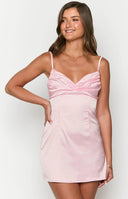 Beginning Boutique Honey Light Pink Mini Dress light pink satin mini dress with a ruched sweetheart neckline and thin spaghetti straps