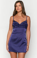Beginning Boutique Honey Navy Mini Dress navy satin mini dress with sweetheart neckline ruched bust and thin spaghetti straps