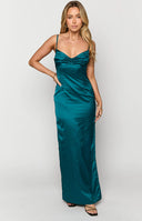 Beginning Boutique Honey Teal Maxi Dress teal satin sweetheart ruched bust maxi dress with thin straps and a side slit